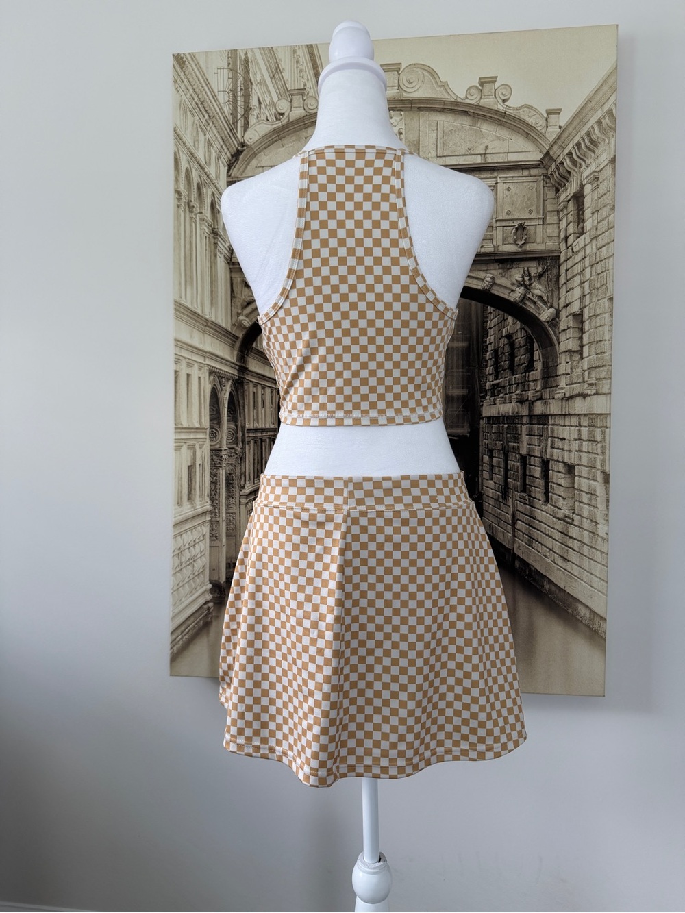 Like New Checkerboard Halter Crop Top & Skirt Set - Beige - Picture 12 of 16